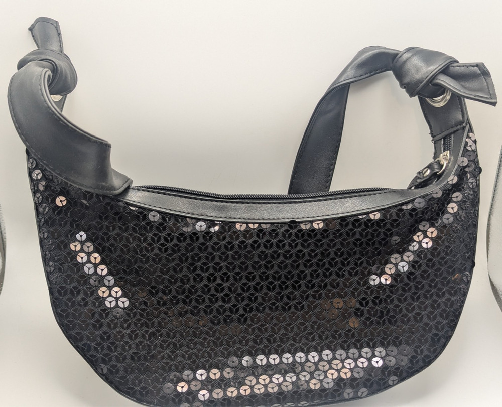 Womens Black Sequin Shoulder Bag Y2K Small Purse Zipper Crescent